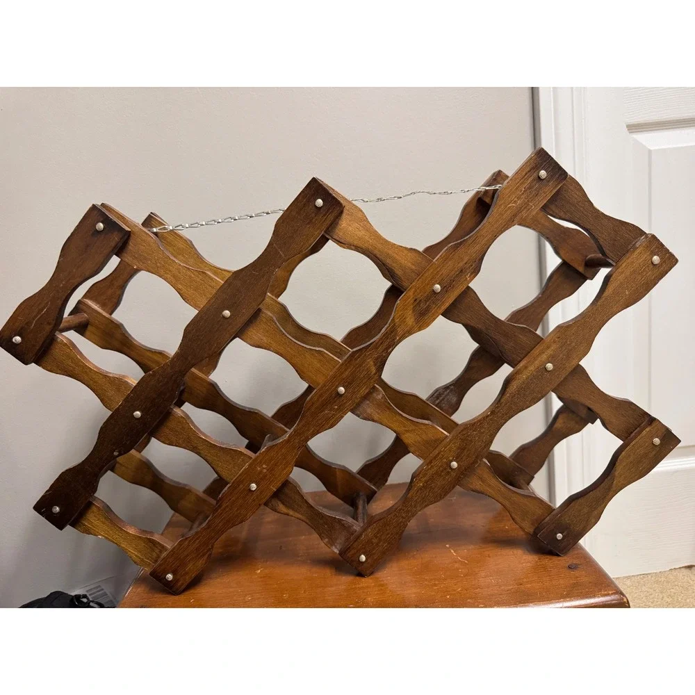 Vintage Mid Century Modern Accordion Wood Wine Rack with Chain Expandable MCM